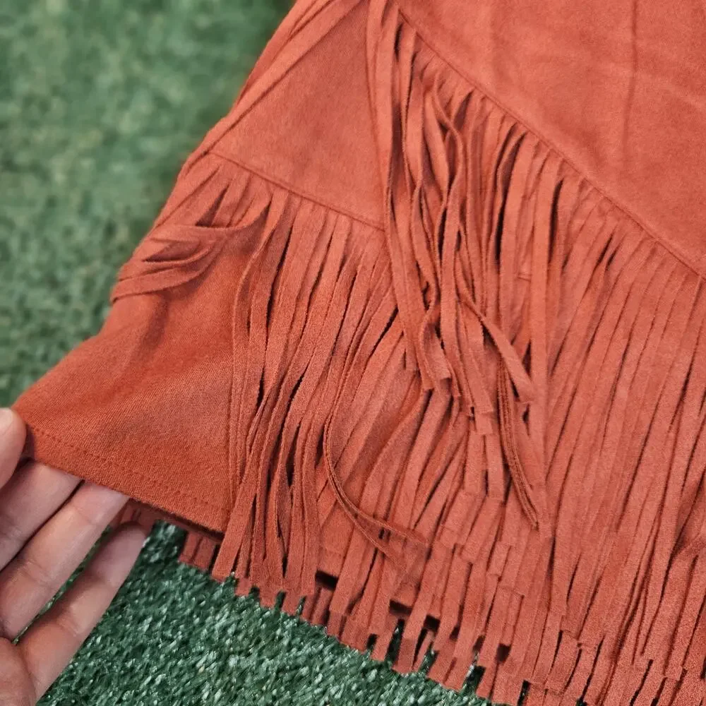FLYING TOMATO Womens M Red Faux Suede Fringe Skirt Side Zip Western Bohemian